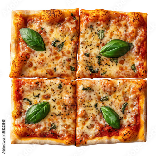 Delicious square pizza slices topped with fresh basil and mozzarella cheese on transparent