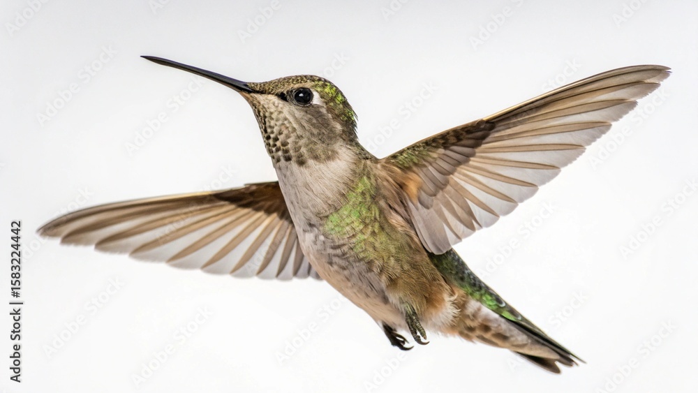 Fototapeta premium A small, colorful ruby-throated hummingbird in flight, hovering near a vibrant flower