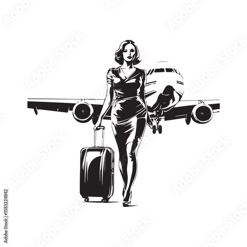 Vector illustration of a flight attendant walking in front of an airplane with a professional and dynamic style isolated on a white background