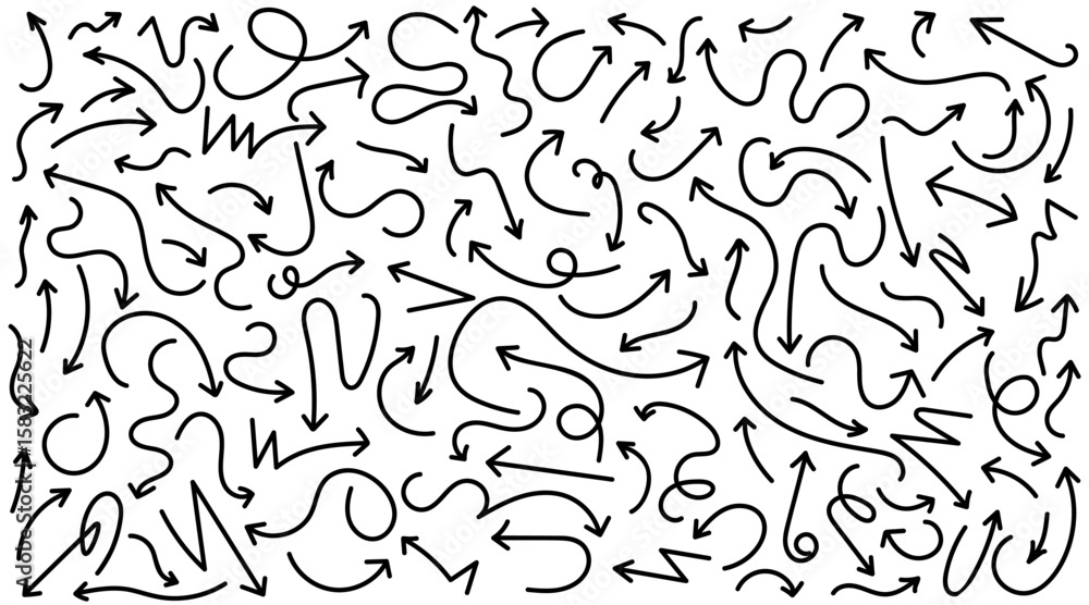 Obraz premium Dynamic hand drawn arrows pattern. Black vector illustration of directional simple line arrows icon in different styles and shapes isolated on white background, use for infographic or design elements.