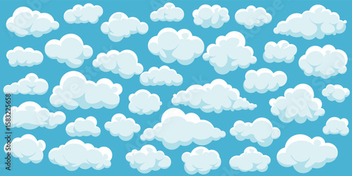 Collection of white fluffy soft clouds illustrated in playful cartoon style against bright blue sky, perfect shape for game bulk cloud background, children clouds themes or weather designs. Vector set