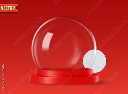 Empty 3d glass snow globes isolated on red background with space for custom designs. Christmas decorative podium with transparent glass dome for products studio. Vector illustration render snow ball.