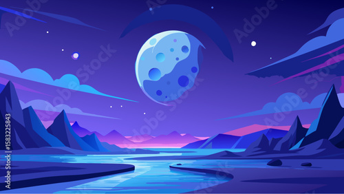 winter landscape with moon and mountains