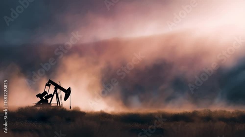 Pump jack extracting crude oil in a remote field under dusty light