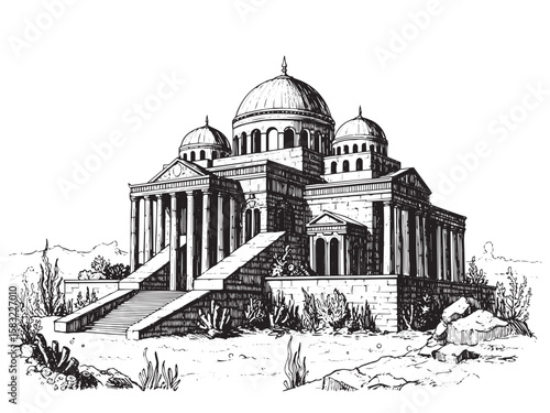 Atlantis underwater temple with domed ruins and ocean plant details in solid engraved style