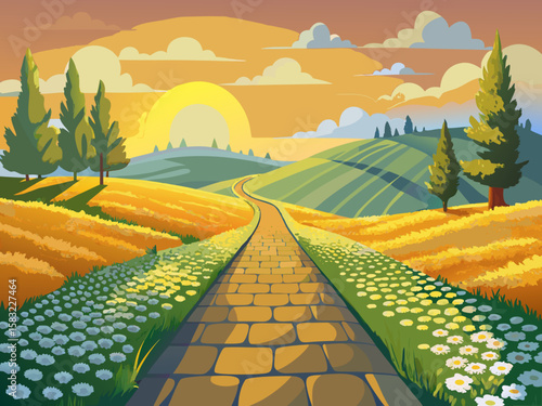 vector of A road with small yellow cobblestones and small white flowers leads to a beautiful country at the end. And the sun rises.