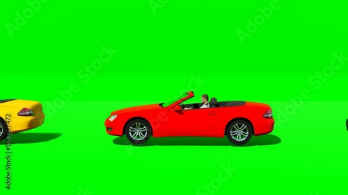 Two cars facing each other on green screen, convertible and sport model.