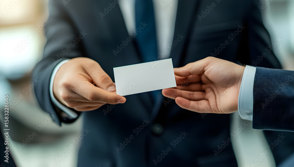Fototapeta premium Close-up of a male professional in a suit handing a blank calling card to a visitor