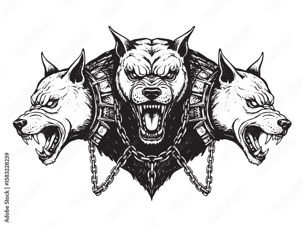 Fototapeta premium Engraved Cerberus with three snarling heads muscular body and spiked chains guarding the underworld