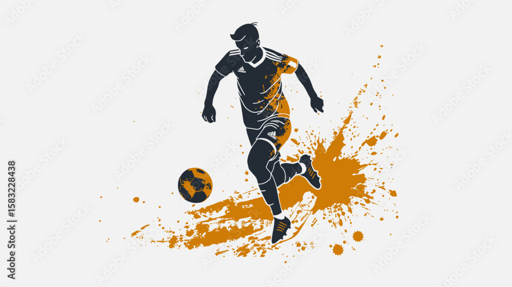 Obraz premium Dynamic soccer player dribbling, powerful stride, splash art background.