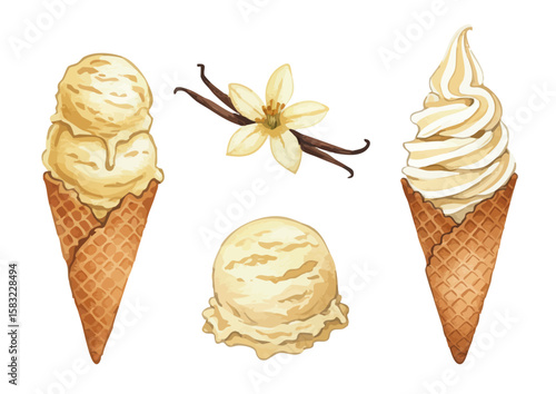 Vector watercolor illustration / 水彩テイストのバニラアイス・ソフトクリームイラスト