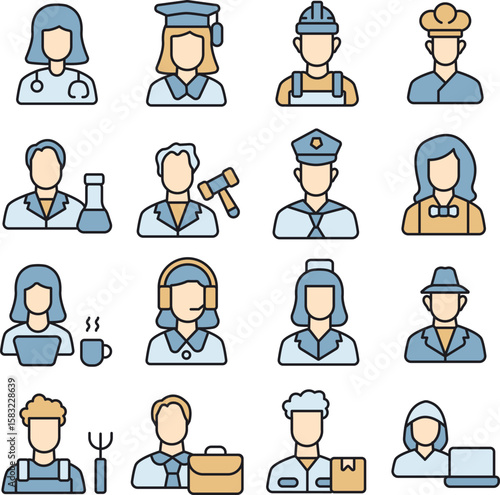 Professional & Jobs illustration set. Includes of job, career, worker, employee, business, and More. Vector flat color collection	