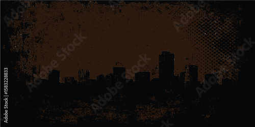 Grunge urban cityscape with silhouetted buildings and a dramatic sky
