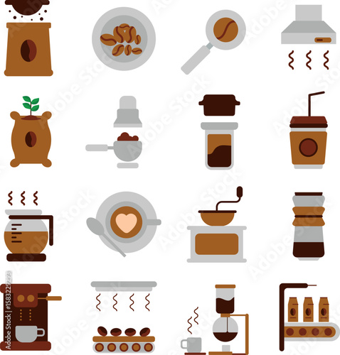 Coffee Production illustration set. Includes of beans, roasting, grinder, brewing, and More. Vector flat color collection