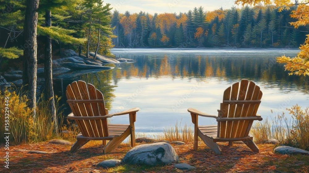 Fototapeta premium Adirondack chairs sitting at the lake shore