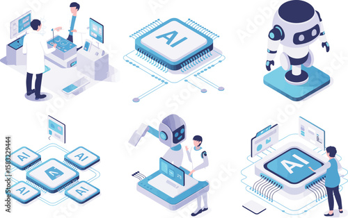 Isometric AI Icons Including Neural Network Brain, AI Servers, Robots, and Smart Robotic Buildings Ideal for Technology Branding, Digital Art, and Innovation Projects

