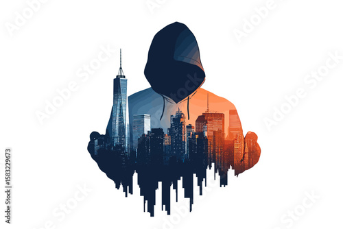 Silhouette of a hooded figure with a cityscape double exposure, featuring skyscrapers and an urban environment in blue and orange tones.