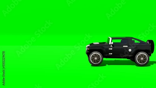 3D render of black offroad vehicle moving on green screen.