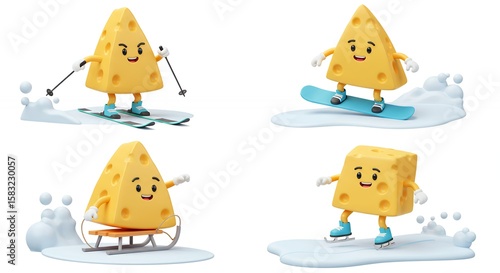 Cheese cartoon characters enjoying winter sports