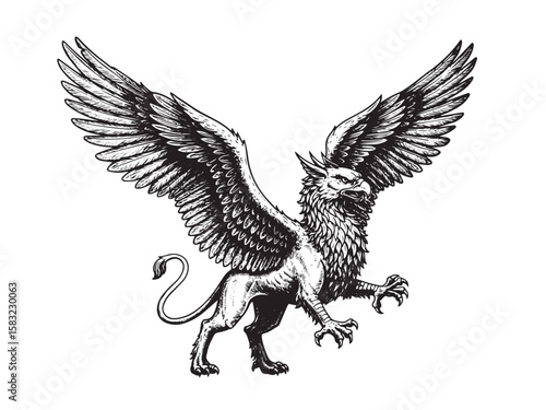 Engraved Griffin mid-flight with detailed wings sharp beak and powerful lion legs