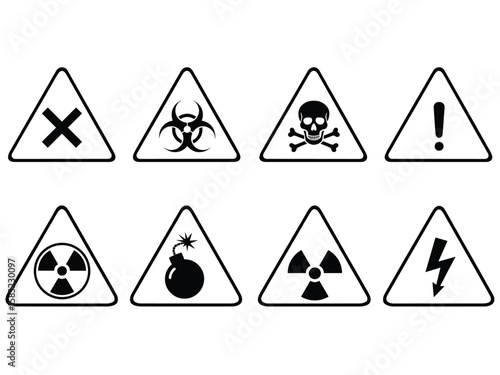 "Set of Black and White Hazard Warning Signs – Toxic, Biohazard, Radiation, Electric Shock, Explosion, and General Danger Icons"

