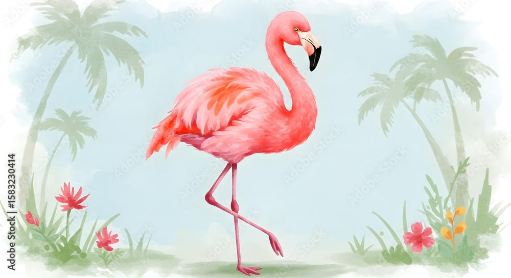 Fototapeta premium Adorable flamingo painted in gentle watercolor style, ideal for desktop backgrounds, feminine design, or nature-inspired art.