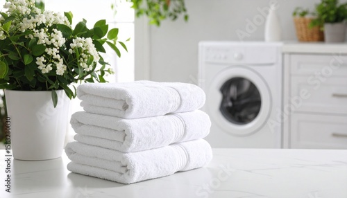 Freshly laundered white towels stacked neatly in a bright laundry room setting
