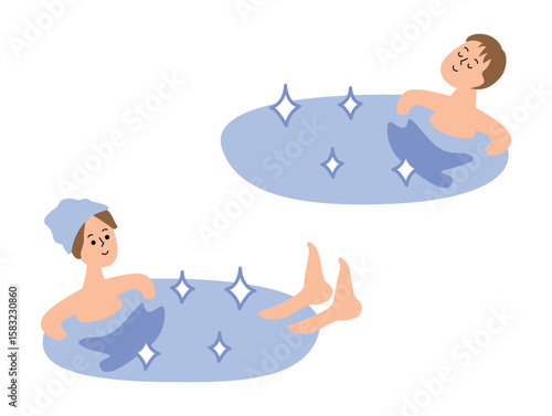 水風呂に入る男女のイラストセット_顔入り