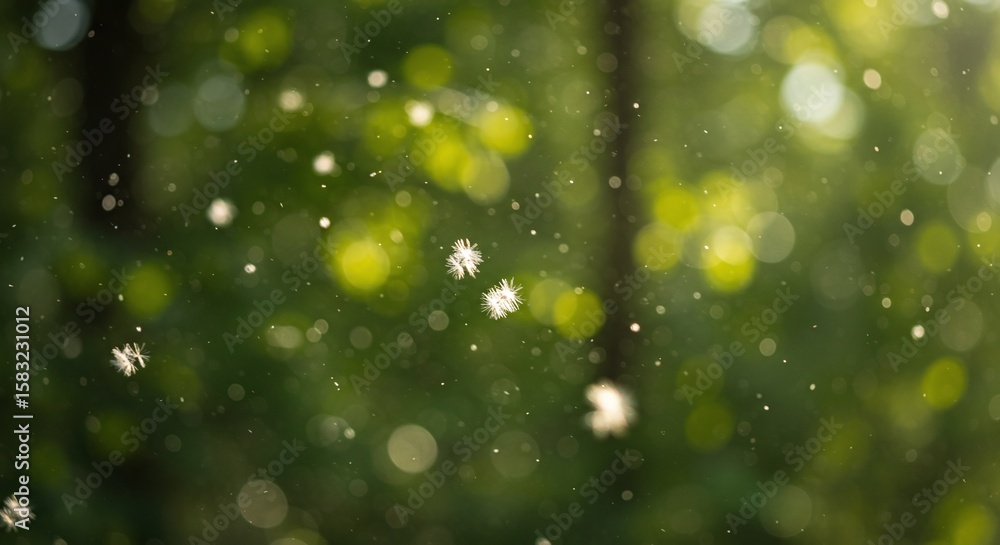 Obraz premium Abstract Green Nature Bokeh with Falling Dandelions and Light Particles
