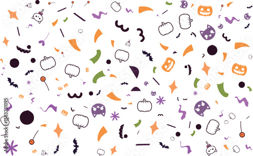 Halloween Confetti: A whimsical sprinkle of festive confetti against a backdrop of playful Halloween-themed imagery, including pumpkins, ghosts, cats, stars, and bats.