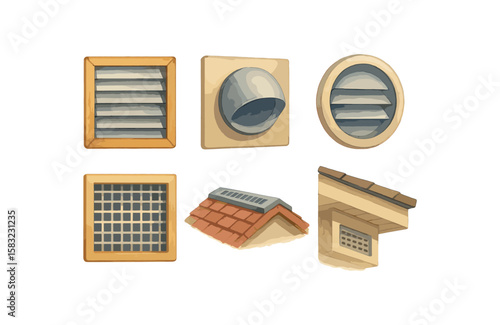 Various architectural ventilation designs and roof elements in watercolor style