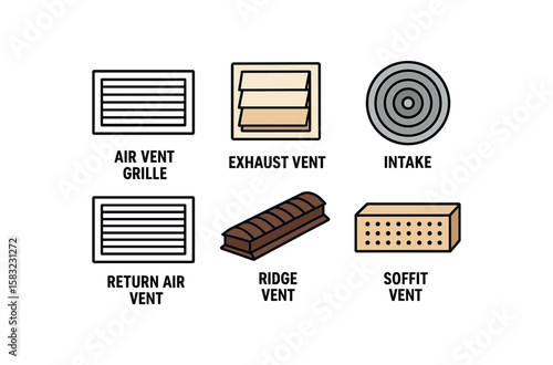 Types of vents: air vent grille, exhaust vent, intake, return air vent, ridge vent, soffit vent