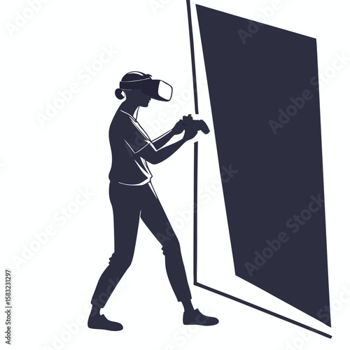 Black silhouette of a person wearing a VR headset in vector style. Ideal for futuristic technology themes, gaming concepts, virtual reality experiences, metaverse illustrations