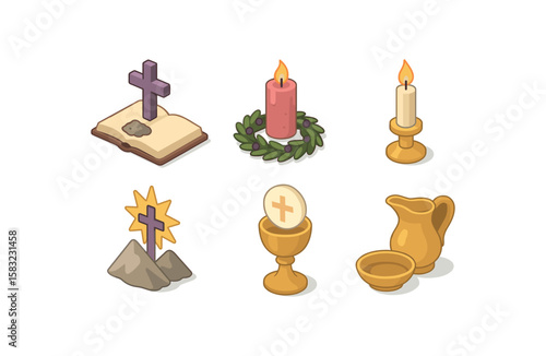 Christian symbols set including cross, candle, bible, chalice, and jug