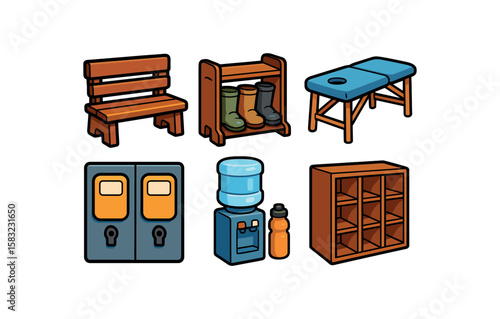 Illustrated wooden bench, boot rack, massage table, locker, water cooler, shelf
