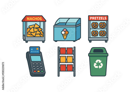 Snack and payment icons - nachos, ice cream, pretzels, payment terminal, recycling bin