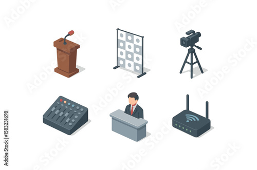 Media setup with podium, camera, mixer, router, and backdrop