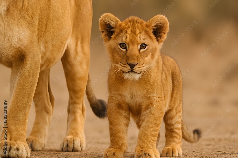Fototapeta premium Young lion cub ventures out on the savanna with its mother, exploring its natural habitat and learning to hunt.