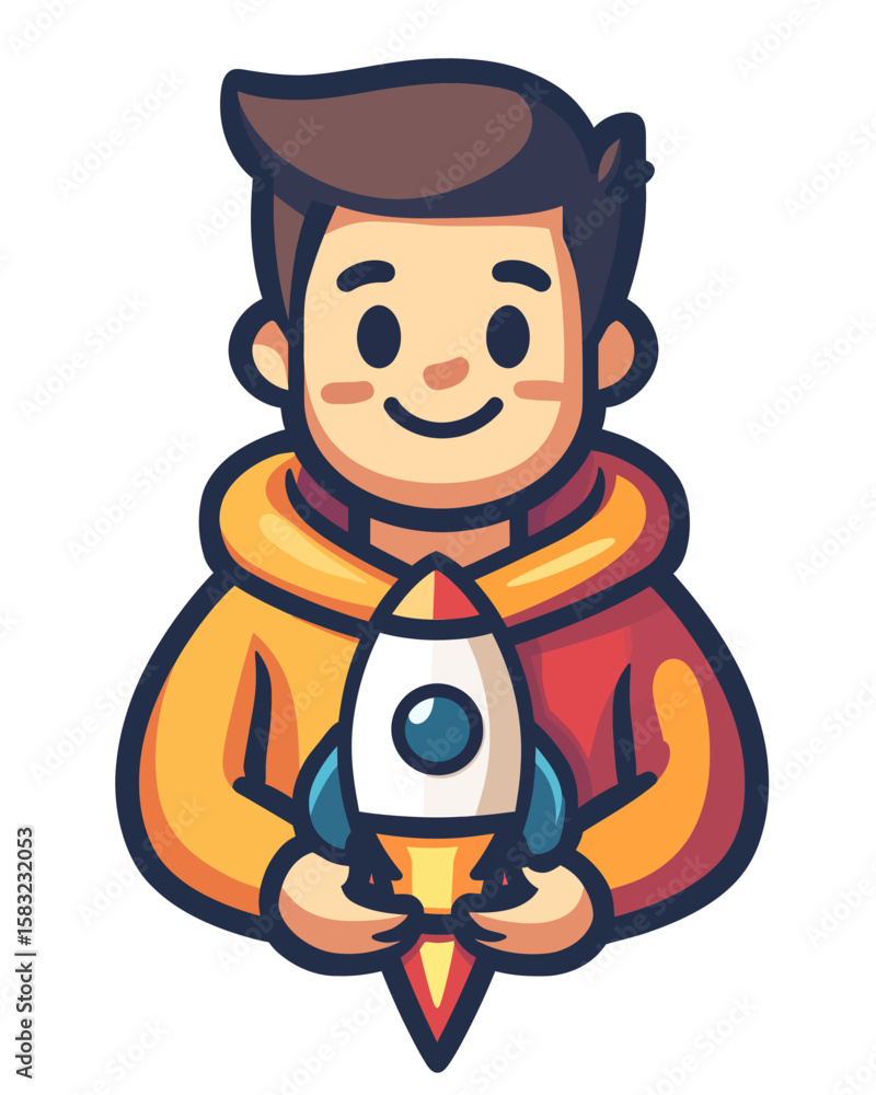Fototapeta premium Cartoon boy holding a rocket, symbolizing ambition and future endeavors.