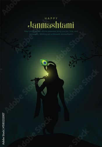 Indian dahi handi festival of Happy Janmashtami with lord Krishna silhouette. Creative Vector Illustration design
