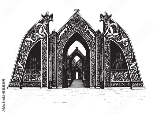 Engraved Viking-style mythic hall of fallen warriors with strong timber and godlike symbols