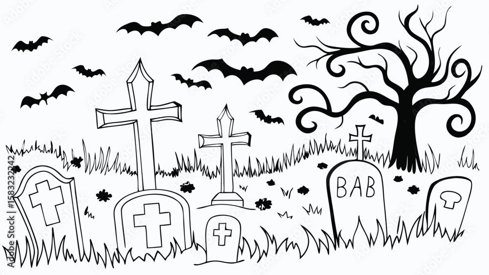 Obraz premium Black and white halloween scene with bats, tombstones, crosses and a spooky tree outline drawing