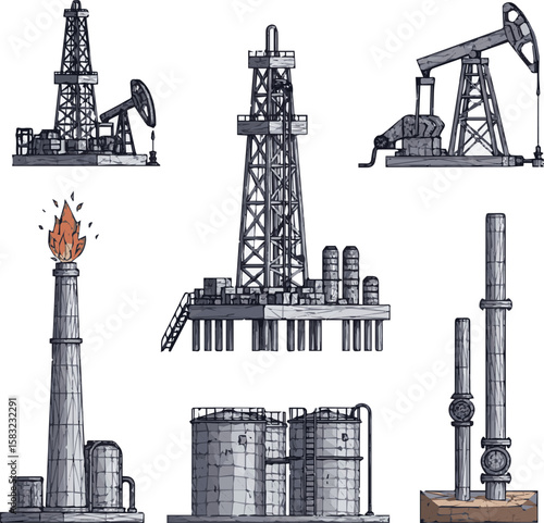 Create a kinds of deferent oil and gas drilling low poly wireframe banner template . Polygonal naphtha industry, earth mining, mineral resource extraction mesh dots. Vector art with white background.
