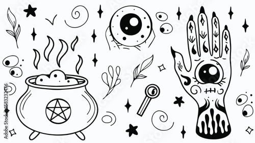 Collection of witchcraft elements featuring a cauldron, hand with eye, and crystal ball