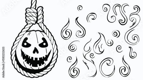 Hanging jack o lantern with a rope and decorative swirls for a spooky halloween illustration