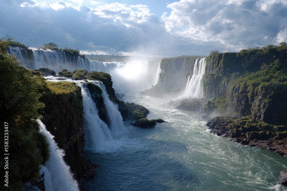 Fototapeta premium Majestic waterfalls cascade into a river amidst lush greenery and cloudy skies