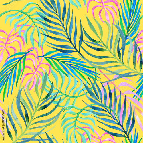 Summer watercolor palm leaves seamless pattern