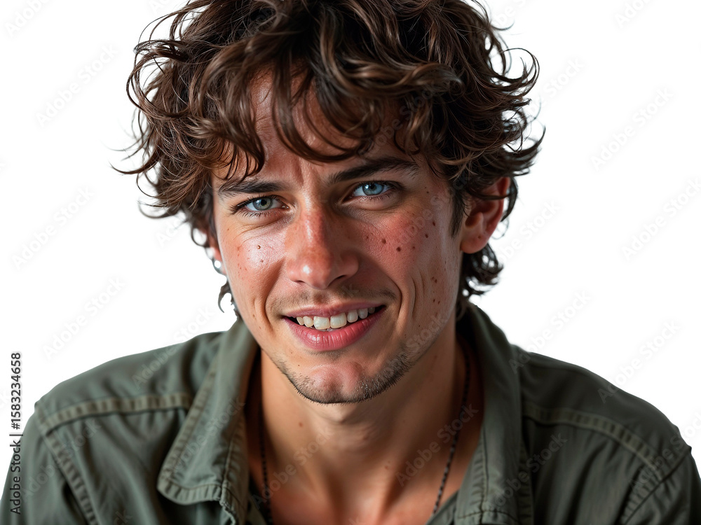 Close-up of a young male with a charming smile, wavy hair, and captivating blue eyes, conveying warmth and approachability. Close-up of a young male with a charming smile, wavy hair, and captivating blue eyes, conveying warmth and approachability.