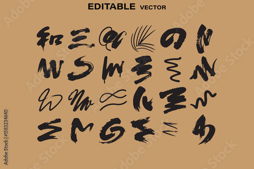 Collection of diverse black ink brush stroke calligraphy symbols and abstract shapes on a tan background
