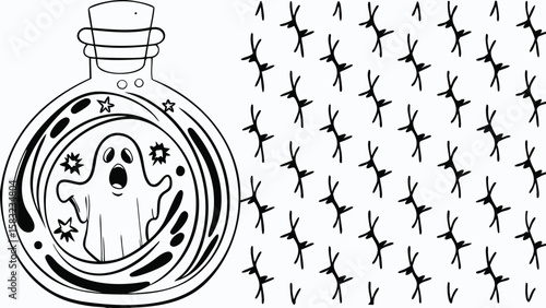 Ghost trapped in a potion bottle with stars and a pattern of abstract shapes on the right side
